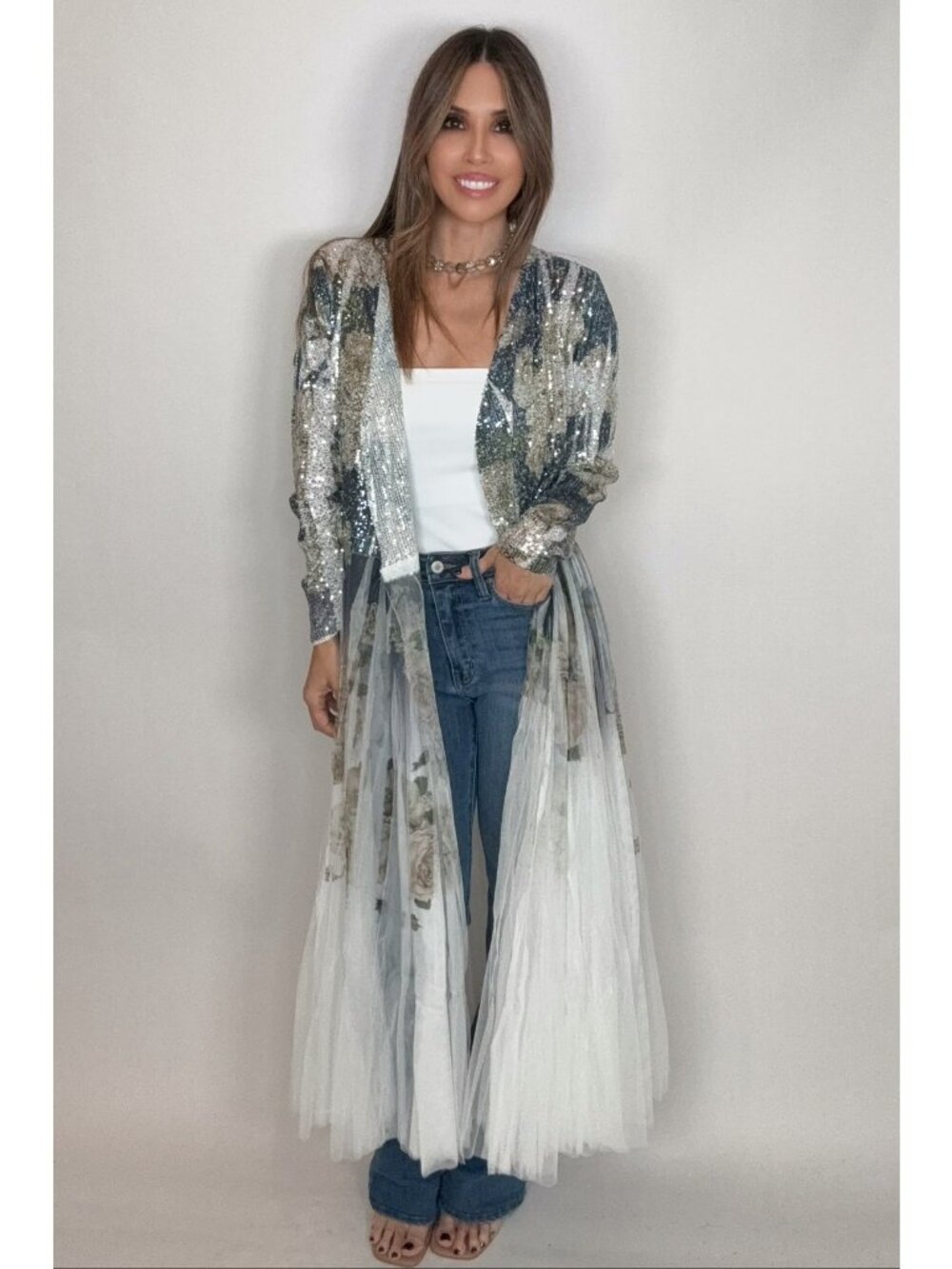 New Origami Floral Sequin Tulle Duster Cardigan Size Large